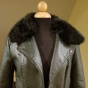 Deep green with faux fur colour, pleather jacket.